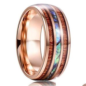 Rings Fashion 8Mm Rose Gold Stainless Steel Mens Hawaiian Koa Wood And Abalone Shell Opal Inlay Ring Band Jewelry Drop Delivery Jewel Dhhug