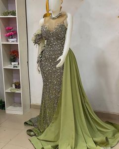 2023 Aso Ebi Arabic Green Mermaid Prom Dress Beaded Crystals Evening Formal Party Second Reception Birthday Engagement Gowns Dresses Robe De Soiree ZJ378