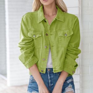 Kvinnors jackor kvinnor grön kort denim jacka vintage -knapp ner stilig slitage enkel med fickan