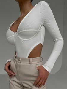Womens Jumpsuits Rompers Tossy White Rib VNeck Female Long Sleeve High Waist Patchwork Yoga Jumpsuit Slim Sexy Ribbed Ladies Bodycon 230921