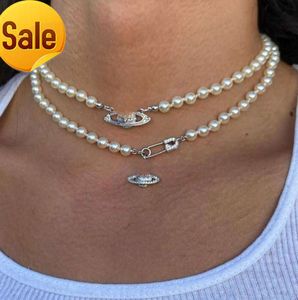 Designer Short Pearl Rhinestone Orbit Necklace Clavicle Chain Viviene Westwood Necklace for Women Jewelry Gift