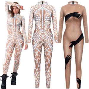 Catsuit kostümleri siyah eller dokunmak shinny pullu parıltılı tulum catsuit seksi kadın cosplay kostümleri Zentai Cadılar Bayramı Bodysuit