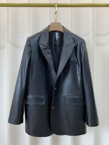 Kvinnors läder koreansk stil höst mode kvinnor hög kvalitet äkta svarta lösa blazers jackor c936