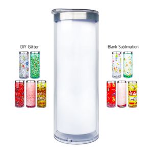 USA Warehouse 20oz White Sublimation Blanks Diy Glitter Snow Globe 304 Rostfritt stål Skinny Straight Storyboard Tumbler Travel Coffee Mugs