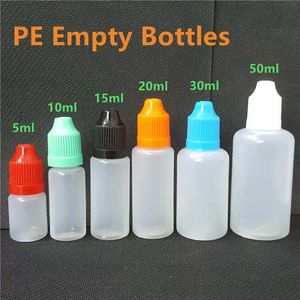 PE -plastförpackningsflaskor ånga 5 ml 10 ml 15 ml 20 ml 30 ml 50 ml tom mjuk nåldroppar med barnsäkra mössor för flytande oljejuicer ögondroppar förvaringspaketflaska