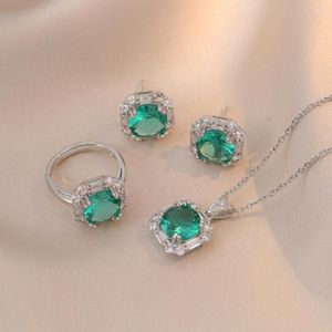 Necklace Earrings Set Bridal Red Green Stone Square Stud Ring Pendants Clavicle Necklaces For Women Silver Color Zircon Gifts CZ