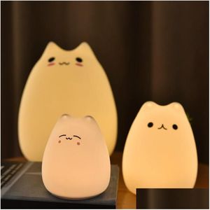 Night Lights Cute Animal Little Cat Touch Sensor Control Led 3 Batteries Soft Sile Lamp Lantern Gift Decorative Drop Delivery Lighti Otevy