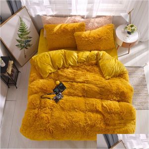 Conjuntos de cama Faux Fur Consolador Conjunto 21 Cores Coral Fleece Folha Duveta Er Beder Colcha na cama com faixa elástica Drop Deliv Dhovx