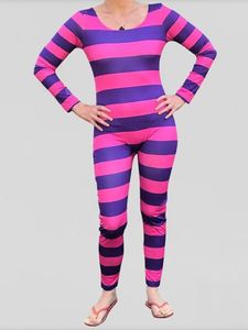 Tute da donna Pagliaccetti Costume da gatto di Halloween da donna Tuta a maniche lunghe a righe viola rosa Abiti cosplay 230920