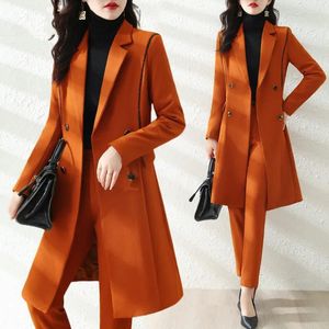 Calças femininas de duas peças inverno mulheres trabalho negócios desgaste calça terno senhoras laranja preto duplo breasted longo blazer jaqueta calças formais 2