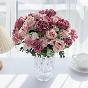 Fiori decorativi 7 forchette seta artificiale rosa peonia ortensia per matrimonio bouquet da sposa ghirlanda natalizia decorazione casa vaso accessori