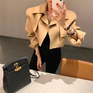 New design women's korean fashion camel color turn down collar long sleeve short high waist woolen jacket coat casacos267R