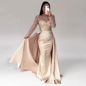 Elegant Luxury Dubai Evening Dresses For Woman 2023 Sheer O Neck Long Sleeves Beads Sequin Formal Champage Stretch Satin Prom Party Dress Latest Fashion