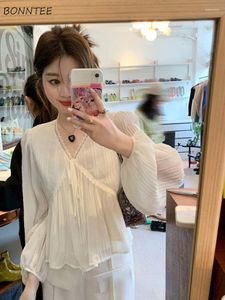 Bluzki damskie kobiety luźne koronki Podstawowy styl koreański moda biuro damskie estetyczne eleganckie wiosenne blusas topy modne eleganckie