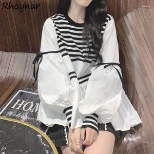 Blusas femininas S-3XL baggy mulheres emendadas doce design pessoal kawaii temperamento manga longa chemise coreano roupas de moda painéis meninas