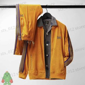 メンズフーディーズスウェットシャツ黄色のベルベット針トラックスーツサイドウェビング刺繍蝶アッジメッシュパンツカップルジッパーセットT230921