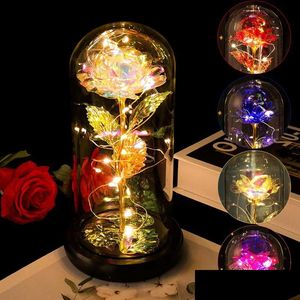 Nattljus Led Light Artificial Eternal Rose Beauty Djuret i glas guldfolie blomma valentiner dag gåva förtrollad älva d otgn9