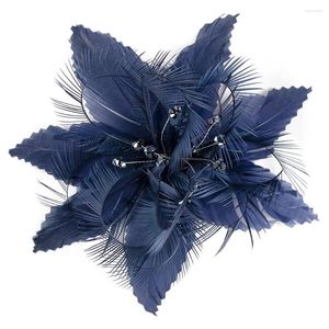 Broches azul marinho artesanal pena flor broche flores artificiais plumas pino hairclip para mulheres menina cocar com penas