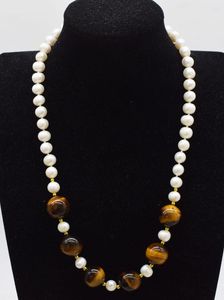 Chains Freshwater Pearl White/black Near Round Tigereye 8-12mm Necklace Wholesale 19inch Nature Beads Gift