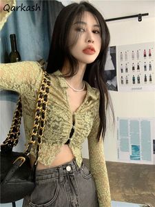 Kvinnors T-skjortor Green Lace Hollow Out Long Sleeve T-shirts Women Summer DEISGN SUN-SOUSH SEXY MALLY Y2K Eesthetic Tops Streetwear Ladies