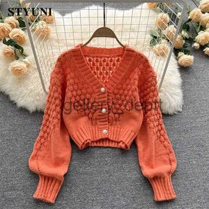 Women's Sweaters Hollow Out Acrylic Knitted V-Neck Long Sleeve Casual Loose Women's Sweater Korean Fashion Sweaters Short Cardigan Autumn Winter J230921