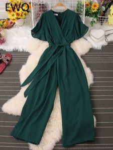 Women's Jumpsuits Rompers EWQ Korean Chic Solid V-neck Lace-up Pocket Jumpsuits Women Elegant Wide Leg Pants Back Zip Jumpsuit 2023 New Tide Summer SN0190 L230921