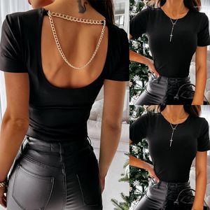 Women's T Shirts 2023 Summer Sexy Women Slim Shirt Solid Black Short Sleeve Backless Tops Ladies Casual Chain Tee Fashionwear Clothes