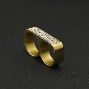 Anello da uomo doppio dito Gioielli hip-hop di moda Anelli d'oro in acciaio inossidabile ghiacciato di alta qualità2593