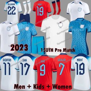 2023 Saka Foden Camisas de futebol 150º pré-jogo Bellingham Rashford 22 23 24 Englands Kane Grealish National 150 Kit de futebol 23 24