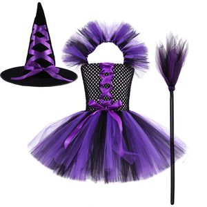 Vestidos da menina bruxa trajes de halloween para meninas roxo preto tutu vestido para crianças carnaval cosplay outfit com chapéu de vassoura 230920