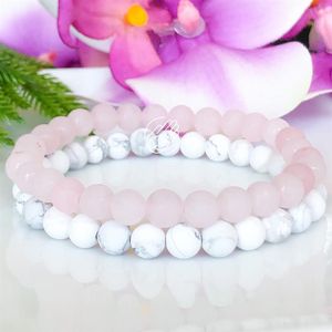 MG1097 Angstlinderungs-Armband-Set, mattes Rosenkristall-weißes Howlith-Armband, Heilkristalle, Stapelarmbänder, Mala für Frauen322O