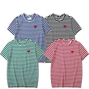 Play Mens Women's Stripe Color Matching Short Sleeve Red Heart Embroidery Pure Cotton Round Neck Shirts Couple Loose Casual Versatile Fashion T Shirt