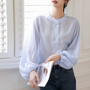 Kvinnor S BLOUSES SHIRTS 2023 Autumn Blue Stripe Women Fashion Design Round Neck Lantern Sleeve Chiffon Tops 230921