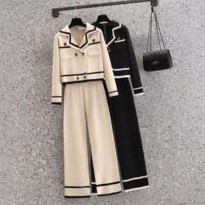 Mulheres de duas peças calças mulheres conjunto de malha primavera outono manga longa entalhado colarinho jaqueta larga perna reta 2pcs ternos senhora outfits