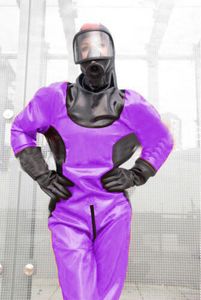 Catsuit Costumes Comfort Latex 100% Rubber Purple and Black Full Cover Suit Firemen Size XXS-XXL