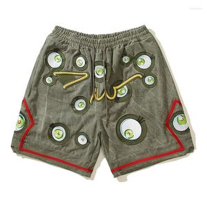 Mäns shorts y2k japanska ögon broderi tvättade grön duk unisex lapptäcke baggy casual cargos överdimensionerade knä längd byxor