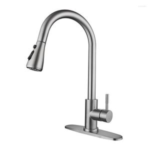 Kitchen Faucets 5 Set High Arc Brushed Pull Out Spout Faucet Stainless Steel Sink Mixer Tap With Down Sprayer Wholesale K1
