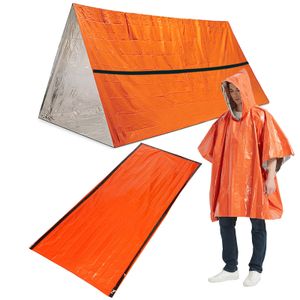Regenmäntel Outdoor-Notfall-Überlebensausrüstung, wasserdichter, wärmereflektierender Thermo-Poncho-Regenmantel mit Schlafsack und Zeltunterstand für Camping 230920