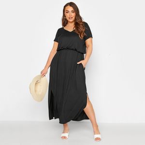 Plus size Dresses Size Vneck Elegant Summer Casual Dress Short Sleeve Elastic Waist Maxi Straight Split Side Weekend Beach 230920