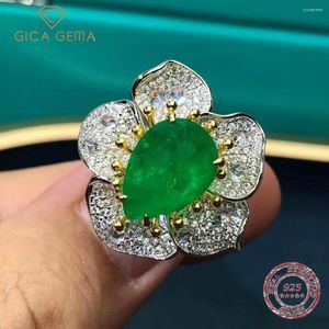 Cluster Rings Gica Gema Real 925 Sterling Silver 3EX Pear Cut 6CT VVS Synthetic Emerald Diamond Wedding Cocktail Flower Ring For Women Gifts