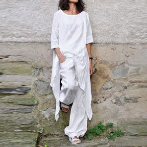 Women's T Shirts Spring Summer O Neck 3/4 Sleeve Wide Leg Pants Suit Fashion Casual Loose Long Tops Irregular Set Women Cotton Linen Suits