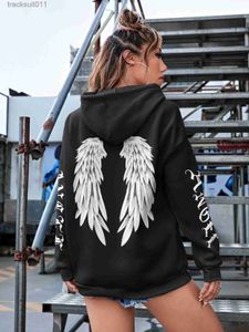 Kadın Sweaters Angel Wings Kişilik Deseni Kadın Hoodies Harajuku Fleece Hooded Fashion S-XXL Sıradan Pullu Hip Hop Gevşek Kadın Tops L230921