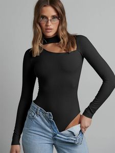 Kobiety Jumpsuits Rompers Spring Summer Hollow Sexy Casual Longsleeved Woman Bodysuit z rękawami czarny i 230921