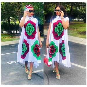 Abbigliamento etnico Abiti estivi da donna 2021 Stampa floreale grande Maniche corte Allentato Sexy Bazin Abito lungo Elegante Camicia Nigeria 266o