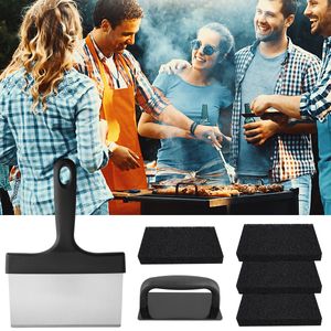 BBQ Tools Tillbehör 6st GRIDDLE RENGING KIT Rostfritt stål Grillskrapa med 5 svampkuddar Återanvändbara Picnic Barbecue Tool LBUI 230920