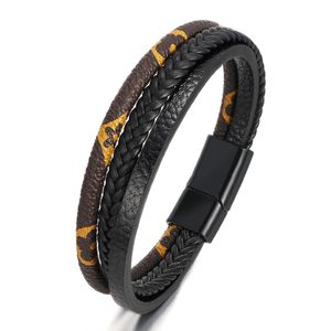 Cool Three Layered Genuine Leather Bangle Bracelet with Stainless Steel Magnetic Buckle