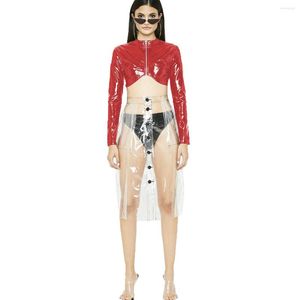 Kvinnors jackor sexig turtleneck skörd topp främre zip jacka kvinnor glansiga pvc långärmad mager navel toppar party klubbkläder high street 7xl