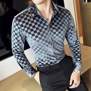 Men's Dress Shirts Slim-fit Shirt Black Grey Camisa Society Spring Autumn British Gold Velvet Hollow Long Sleeve