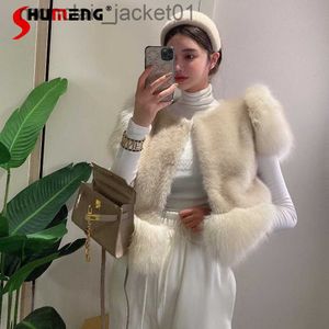 Colete feminino de pele falsa estilo coreano branco plush colete feminino 2022 outono inverno costura retrô pesado casaco de pele de raposa falsa jaqueta curta moda j230921