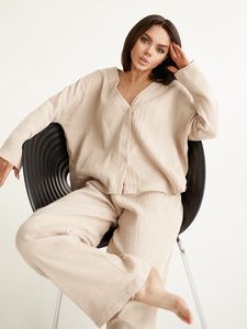 Kvinnors sömnkläder Linad Khaki Pure Cotton Sleepwear V Neck Single Breasted Wide Leg Pants Trouser Suits dropparmar Set Woman 2 Pieces Loungewear 230920